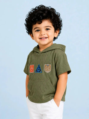 BloomUp Olive Green Hoodie Patch T-Shirt for Toddlers – Soft Cotton Summer Tee for Boys