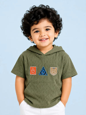 BloomUp Olive Green Hoodie Patch T-Shirt for Toddlers – Soft Cotton Summer Tee for Boys