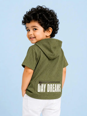 BloomUp Olive Green Hoodie Patch T-Shirt for Toddlers – Soft Cotton Summer Tee for Boys
