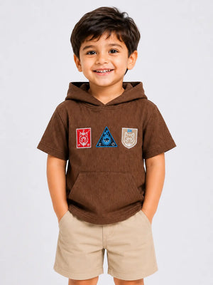 BloomUp Brown Graphic Hooded Half Sleeve T-Shirt for Boys – Textured Casual Summer Hoodie Tee