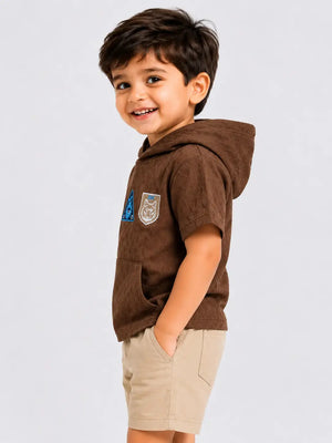 BloomUp Brown Graphic Hooded Half Sleeve T-Shirt for Boys – Textured Casual Summer Hoodie Tee