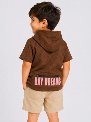 BloomUp Brown Graphic Hooded Half Sleeve T-Shirt for Boys – Textured Casual Summer Hoodie Tee