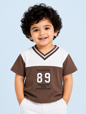 Brown & White Textured V-Neck T-Shirt for Boys – Soft Cotton Casual Graphic Tee BloomUp