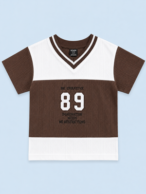 Brown & White Textured V-Neck T-Shirt for Boys – Soft Cotton Casual Graphic Tee BloomUp