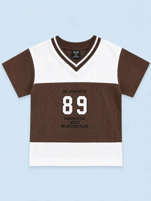 BloomUp Brown & White Textured V-Neck T-Shirt for Boys – Soft Cotton Casual Graphic Tee