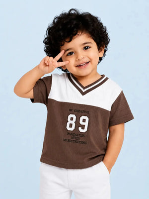 BloomUp Brown & White Textured V-Neck T-Shirt for Boys – Soft Cotton Casual Graphic Tee