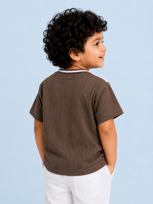 Brown & White Textured V-Neck T-Shirt for Boys – Soft Cotton Casual Graphic Tee BloomUp