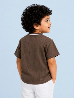 BloomUp Brown & White Textured V-Neck T-Shirt for Boys – Soft Cotton Casual Graphic Tee