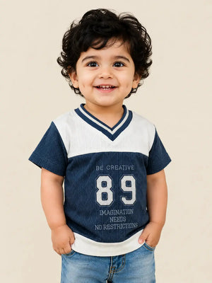 BloomUp Navy Blue Colorblock V-Neck Graphic T-Shirt for Boys – Textured Sports Style Half Sleeve Tee