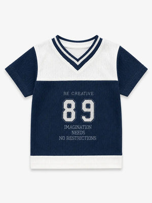 BloomUp Navy Blue Colorblock V-Neck Graphic T-Shirt for Boys – Textured Sports Style Half Sleeve Tee
