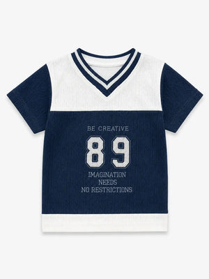 BloomUp Navy Blue Colorblock V-Neck Graphic T-Shirt for Boys – Textured Sports Style Half Sleeve Tee