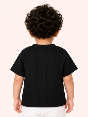 BloomUp Baby Boys Black Embroidered Textured T-Shirt – Half Sleeve Casual Summer Tee