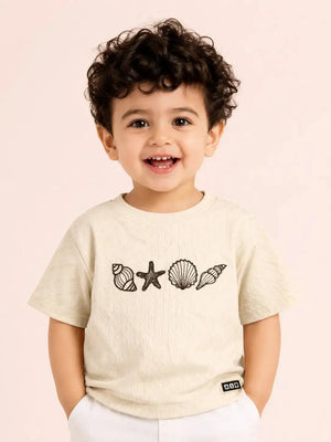 BloomUp Baby Boys Cream Embroidered Textured T-Shirt – Half Sleeve Casual Summer Tee