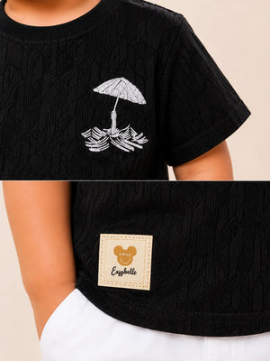 BloomUp Baby Boys Black Embroidered Textured T-Shirt – Half Sleeve Casual Summer Tee