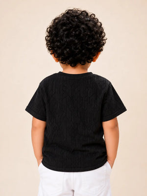 BloomUp Baby Boys Black Embroidered Textured T-Shirt – Half Sleeve Casual Summer Tee
