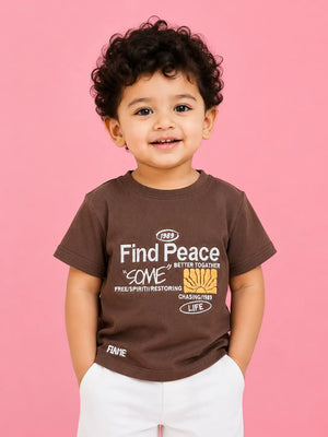 BloomUp Baby Boys Brown Embroidered Printed T-Shirt – Half Sleeve Casual Summer Tee