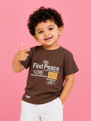 BloomUp Baby Boys Brown Embroidered Printed T-Shirt – Half Sleeve Casual Summer Tee