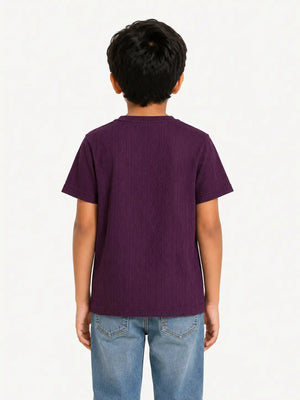 BloomUp Boys Purple Embroidered Textured T-Shirt – Half Sleeve Casual Summer Tee