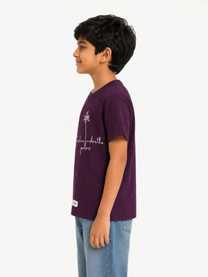 BloomUp Boys Purple Embroidered Textured T-Shirt – Half Sleeve Casual Summer Tee