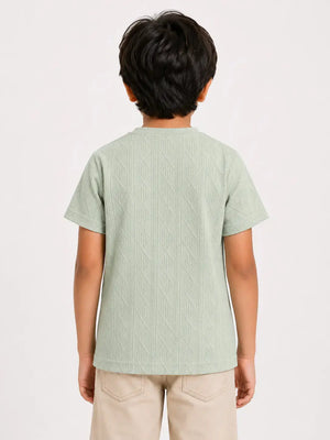 BloomUp Boys Mint Green Embroidered Textured T-Shirt – Half Sleeve Casual Summer Tee