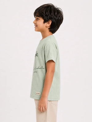 BloomUp Boys Mint Green Embroidered Textured T-Shirt – Half Sleeve Casual Summer Tee