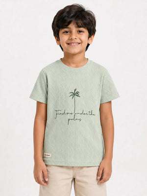 BloomUp Boys Mint Green Embroidered Textured T-Shirt – Half Sleeve Casual Summer Tee