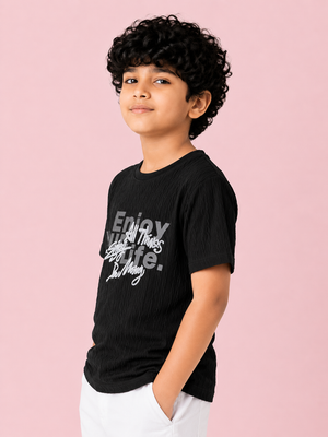 Boys Black Textured Graphic T-Shirt – Half Sleeve Casual Summer Tee BloomUp