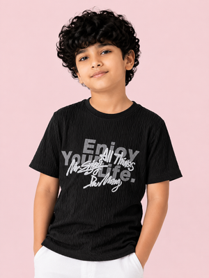 Boys Black Textured Graphic T-Shirt – Half Sleeve Casual Summer Tee BloomUp