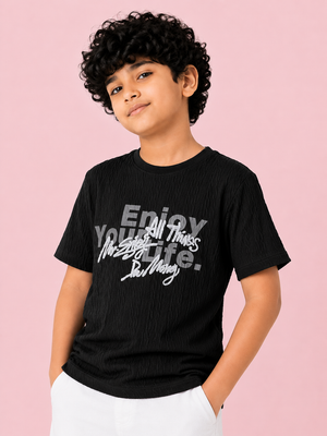 Boys Black Textured Graphic T-Shirt – Half Sleeve Casual Summer Tee BloomUp