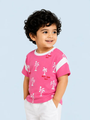 BloomUp Pink Palm Tree Printed T-Shirt for Girls – Soft Cotton Summer Graphic Tee
