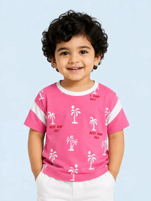 BloomUp Pink Palm Tree Printed T-Shirt for Girls – Soft Cotton Summer Graphic Tee