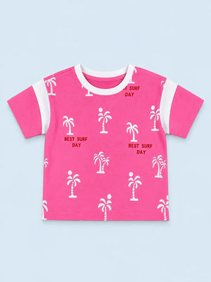 BloomUp Pink Palm Tree Printed T-Shirt for Girls – Soft Cotton Summer Graphic Tee