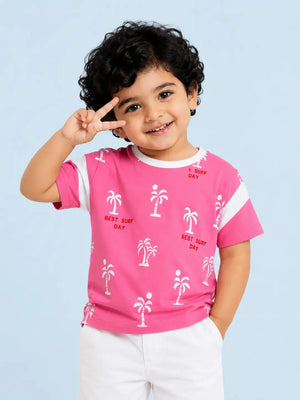 BloomUp Pink Palm Tree Printed T-Shirt for Girls – Soft Cotton Summer Graphic Tee
