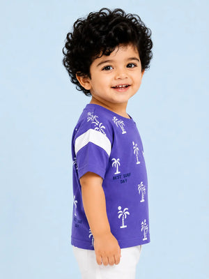 BloomUp Royal Blue Palm Tree Printed T-Shirt for Boys – Soft Cotton Summer Graphic Tee