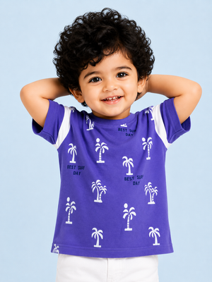 Royal Blue Palm Tree Printed T-Shirt for Boys – Soft Cotton Summer Graphic Tee BloomUp