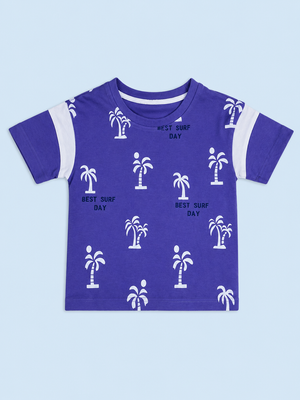 Royal Blue Palm Tree Printed T-Shirt for Boys – Soft Cotton Summer Graphic Tee BloomUp