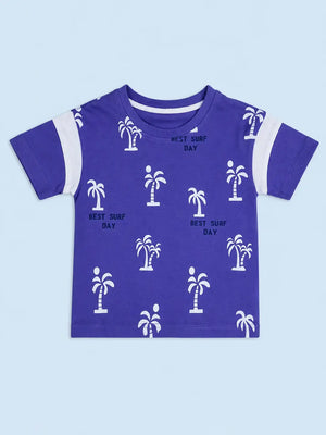 BloomUp Royal Blue Palm Tree Printed T-Shirt for Boys – Soft Cotton Summer Graphic Tee