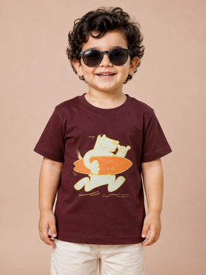BloomUp Maroon Surf Vibes Graphic T-Shirt for Boys – Soft Cotton Casual Summer Tee