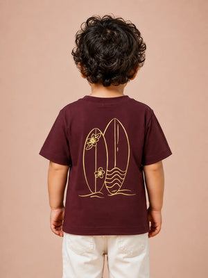 BloomUp Maroon Surf Vibes Graphic T-Shirt for Boys – Soft Cotton Casual Summer Tee