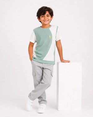 BloomUp Boys Sage Green Colorblock T-Shirt – Half Sleeve Casual Summer Tee