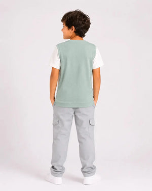 BloomUp Boys Sage Green Colorblock T-Shirt – Half Sleeve Casual Summer Tee
