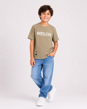 BloomUp Boys Olive Green Textured T-Shirt – Half Sleeve Casual Summer Tee