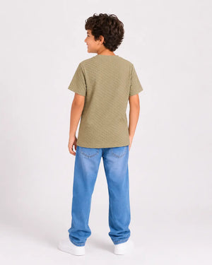 BloomUp Boys Olive Green Textured T-Shirt – Half Sleeve Casual Summer Tee