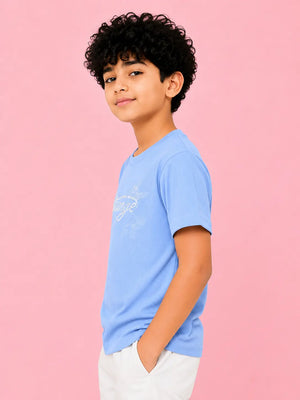 BloomUp Boys Sky Blue Embroidered T-Shirt – Half Sleeve Casual Summer Tee