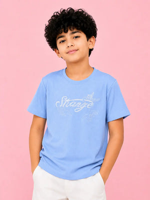 BloomUp Boys Sky Blue Embroidered T-Shirt – Half Sleeve Casual Summer Tee
