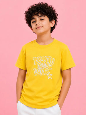 BloomUp Boys Mustard Embroidered T-Shirt – Half Sleeve Casual Summer Tee