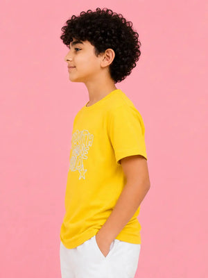BloomUp Boys Mustard Embroidered T-Shirt – Half Sleeve Casual Summer Tee