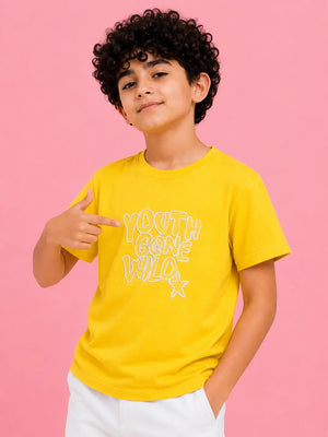 BloomUp Boys Mustard Embroidered T-Shirt – Half Sleeve Casual Summer Tee