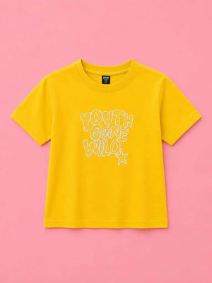 BloomUp Boys Mustard Embroidered T-Shirt – Half Sleeve Casual Summer Tee