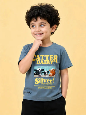 BloomUp Steel Blue Cattle Dairy Graphic Half Sleeve T-Shirt for Boys – Soft Cotton Casual Summer Wear